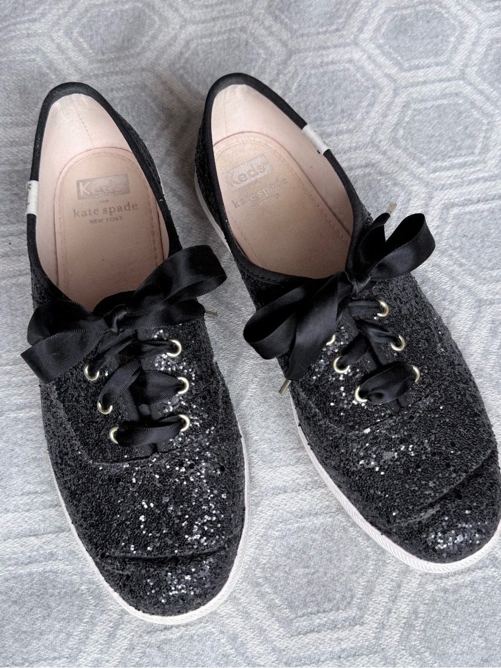 Keds x Kate Spade Champion Black Glitter Satin Ribbon Sneakers Women’s Sz 7